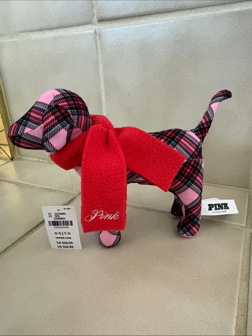 PINK Victoria's Secret Pink & Black Plaid Plush Dog with Red Scarf